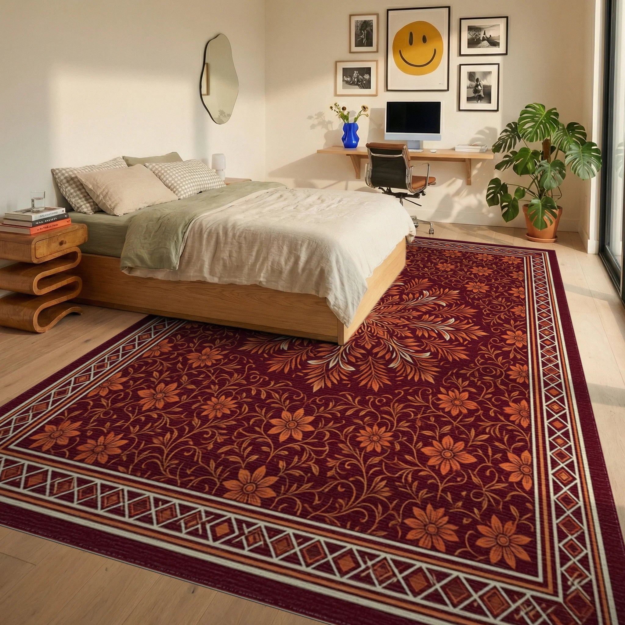 Crimson Orange Coral Rug - bedroom