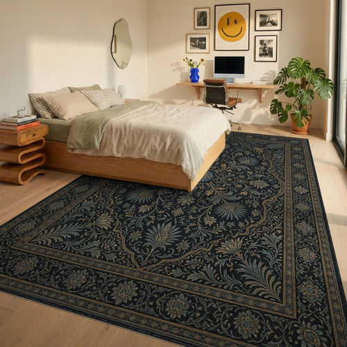 Blue Gold Traditional Rug - bedroom