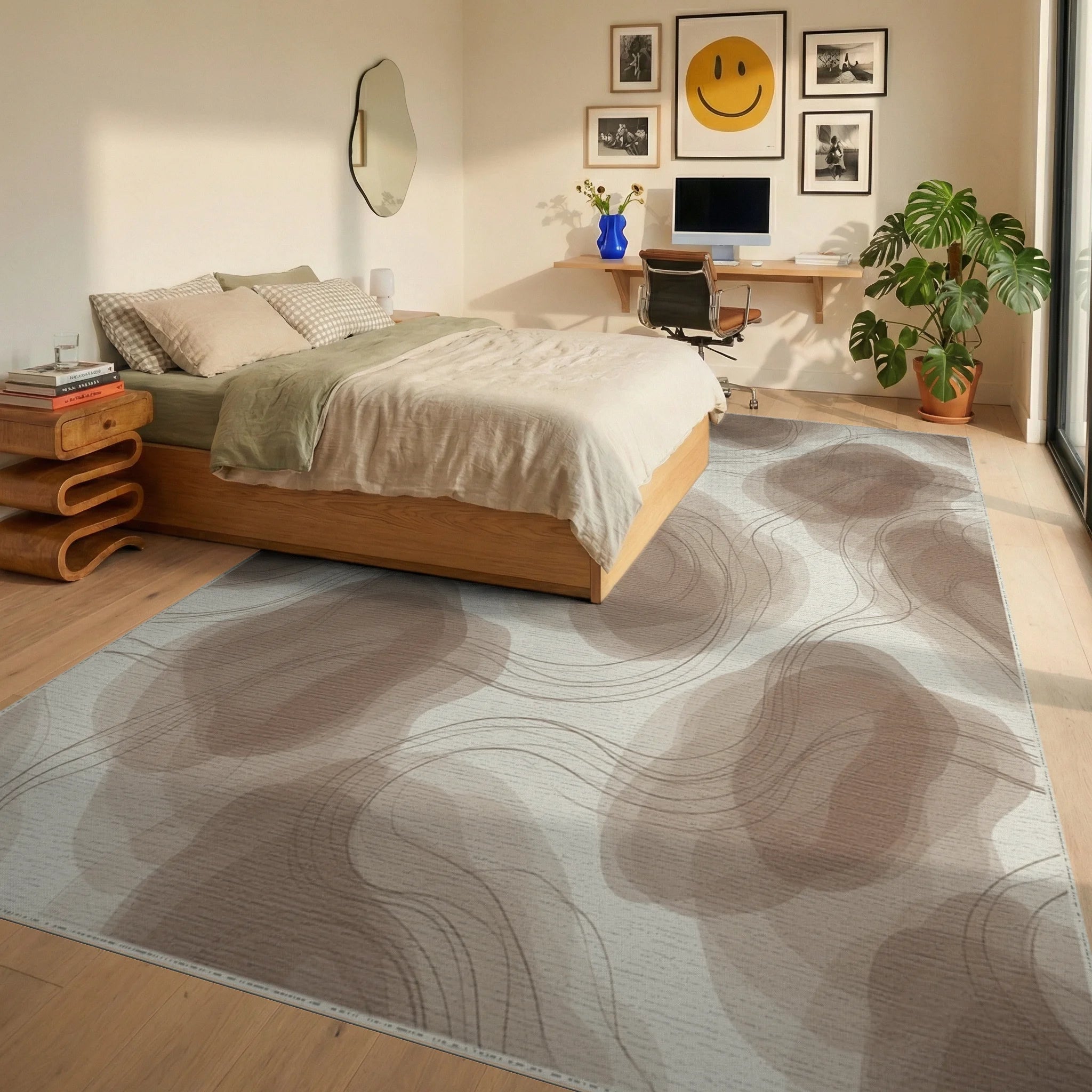White Cream Abstract Rug - bedroom
