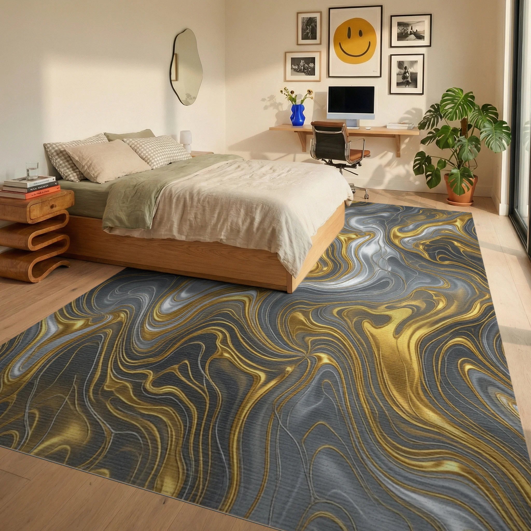 Abstract Liquid Metallic Swirl Rug - bedroom