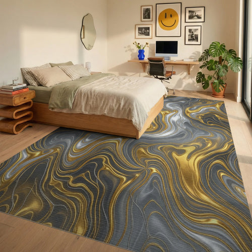 Abstract Liquid Metallic Swirl Rug - bedroom