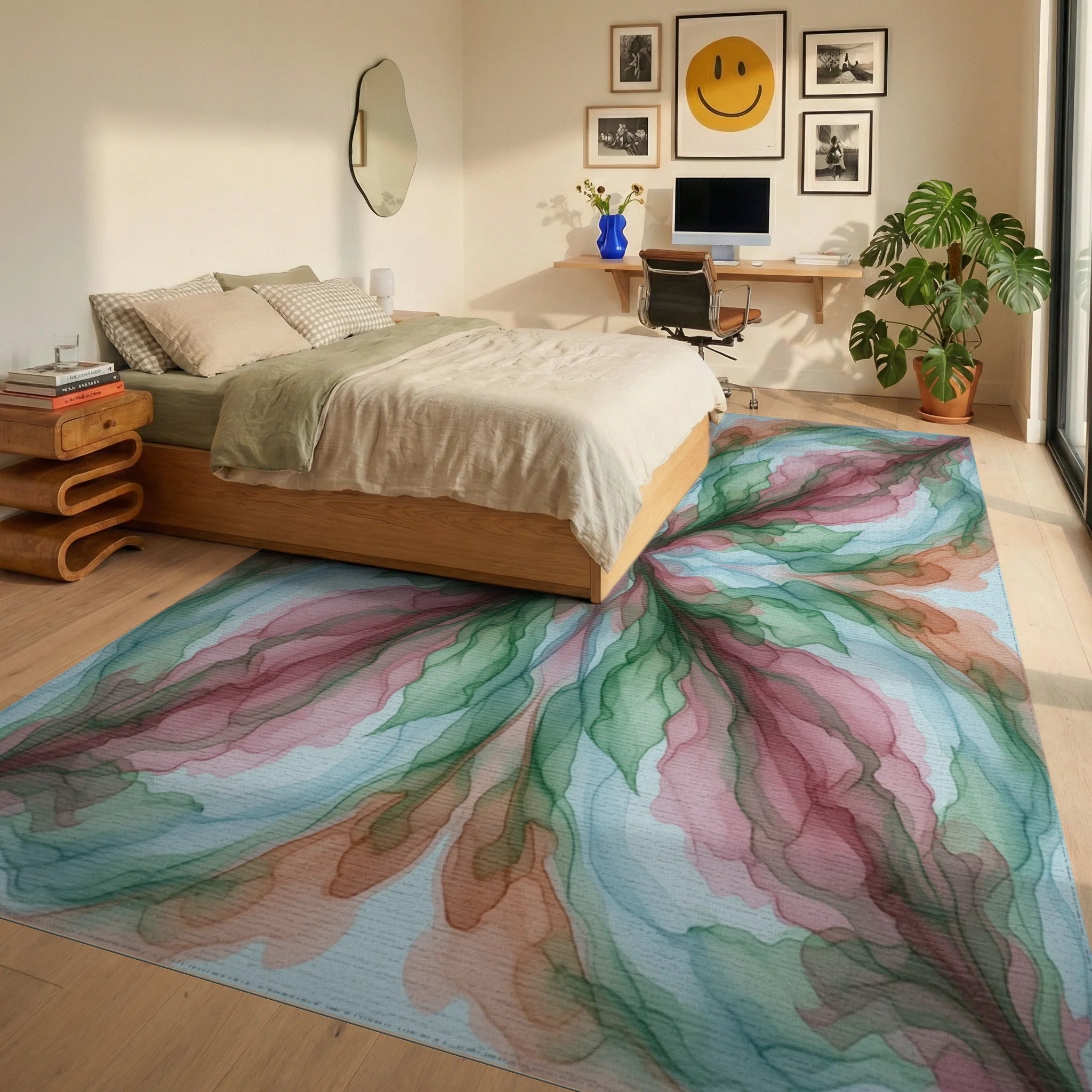Pink Green Blue Rug - bedroom