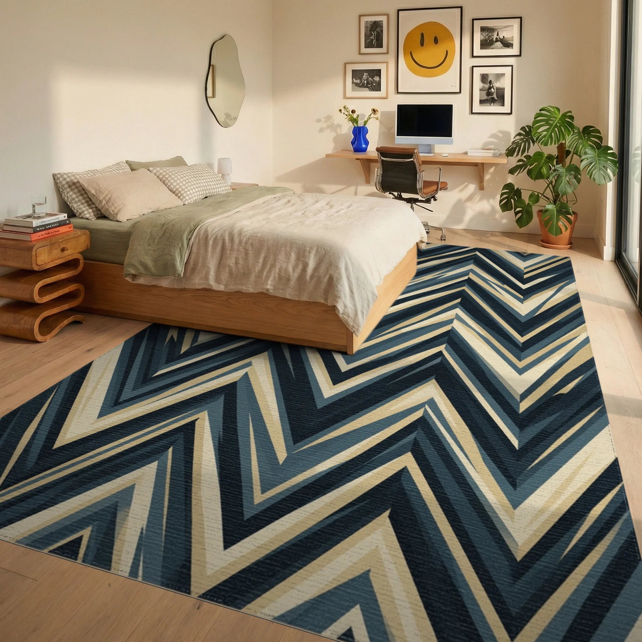 Charcoal Slate Blue Geometric Grid Rug - bedroom