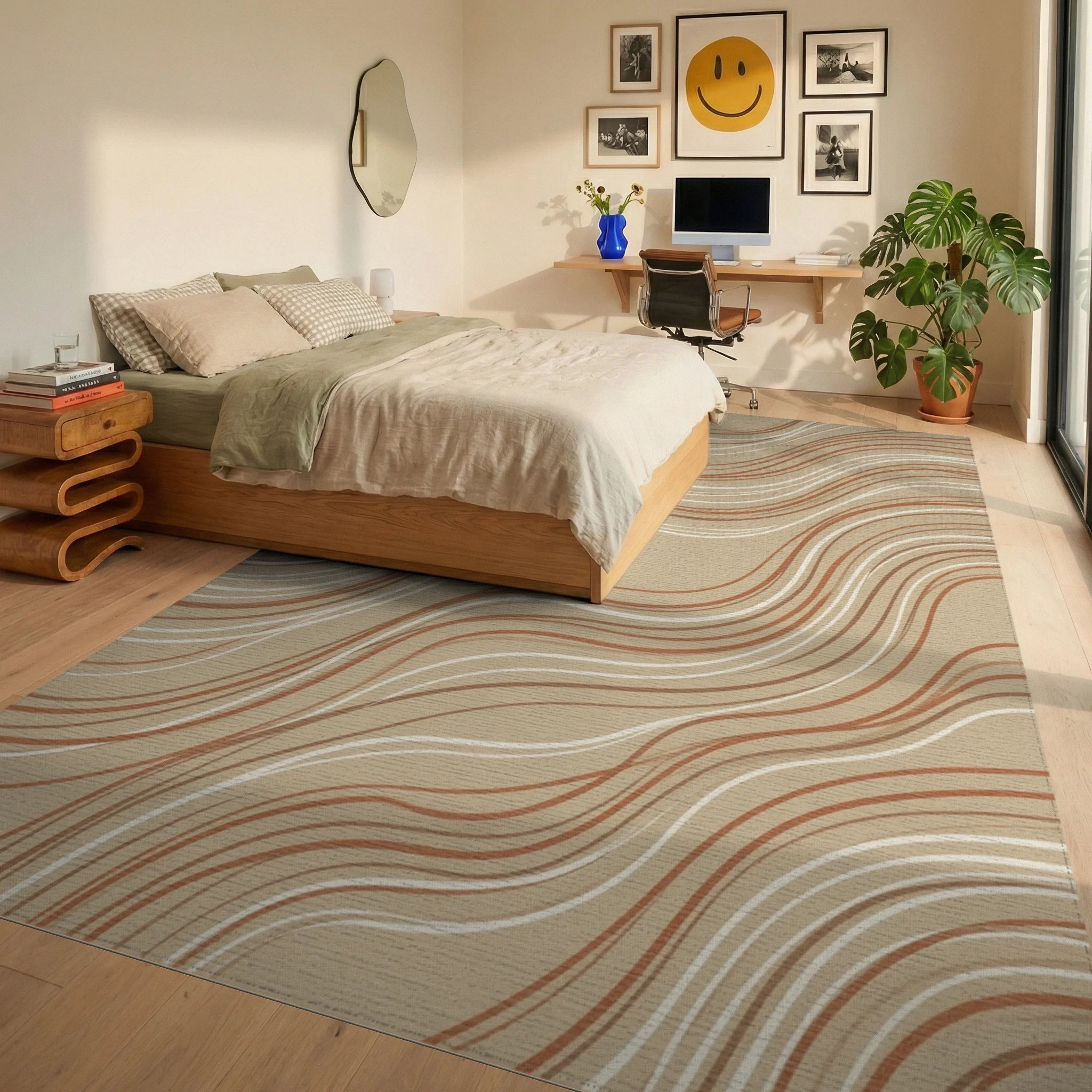 Sand And Terracotta Organic Curve Rug - bedroom