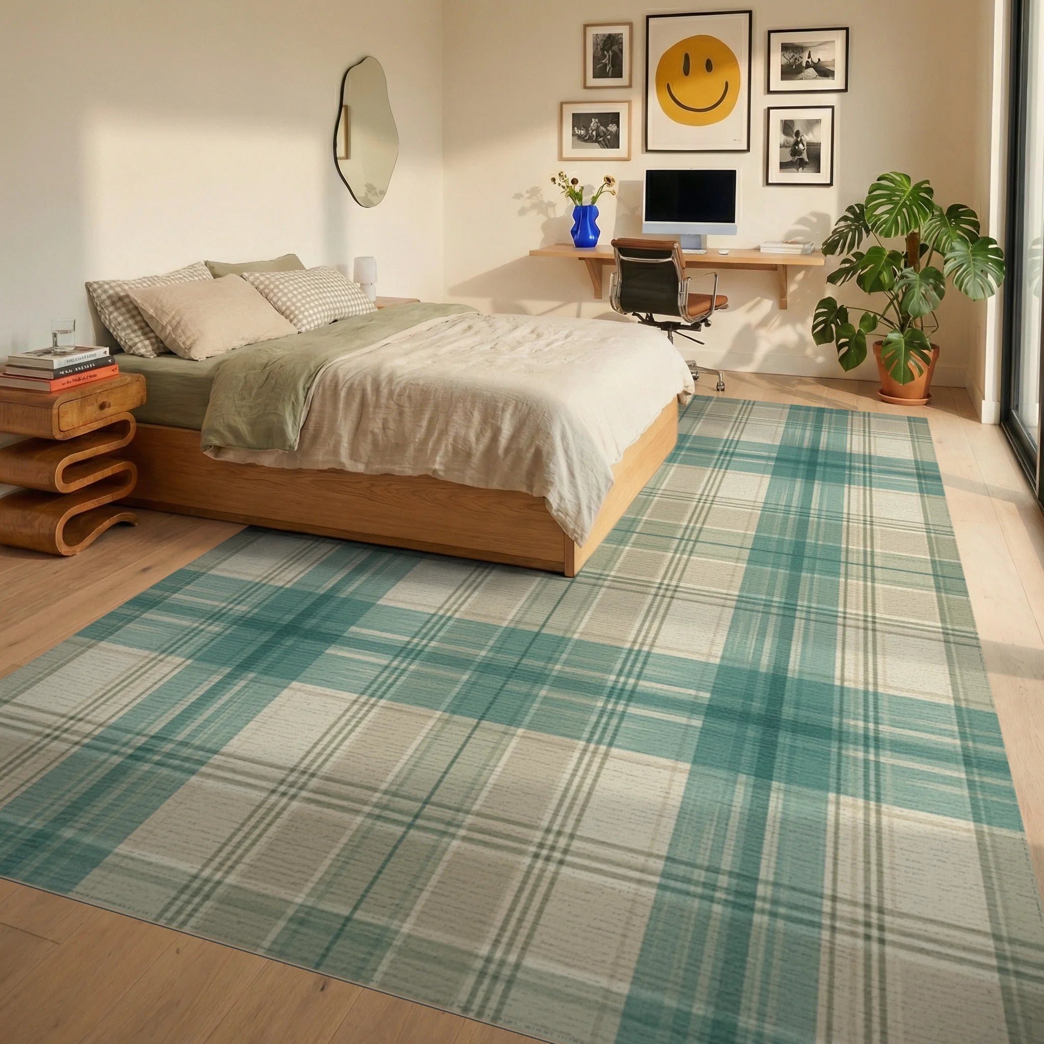 Green Beige Cream Rug - bedroom