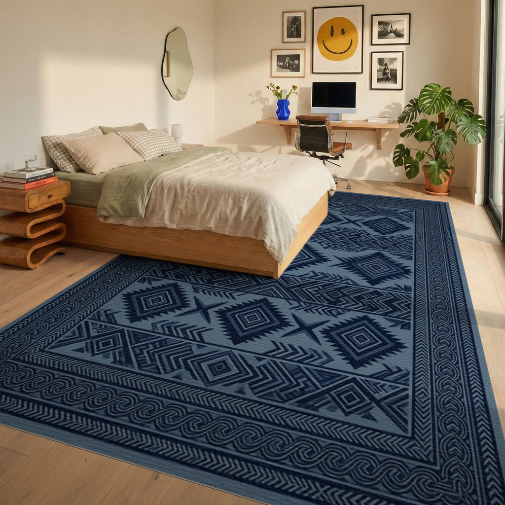 Structured Indigo Geometric Tribal Rug - bedroom