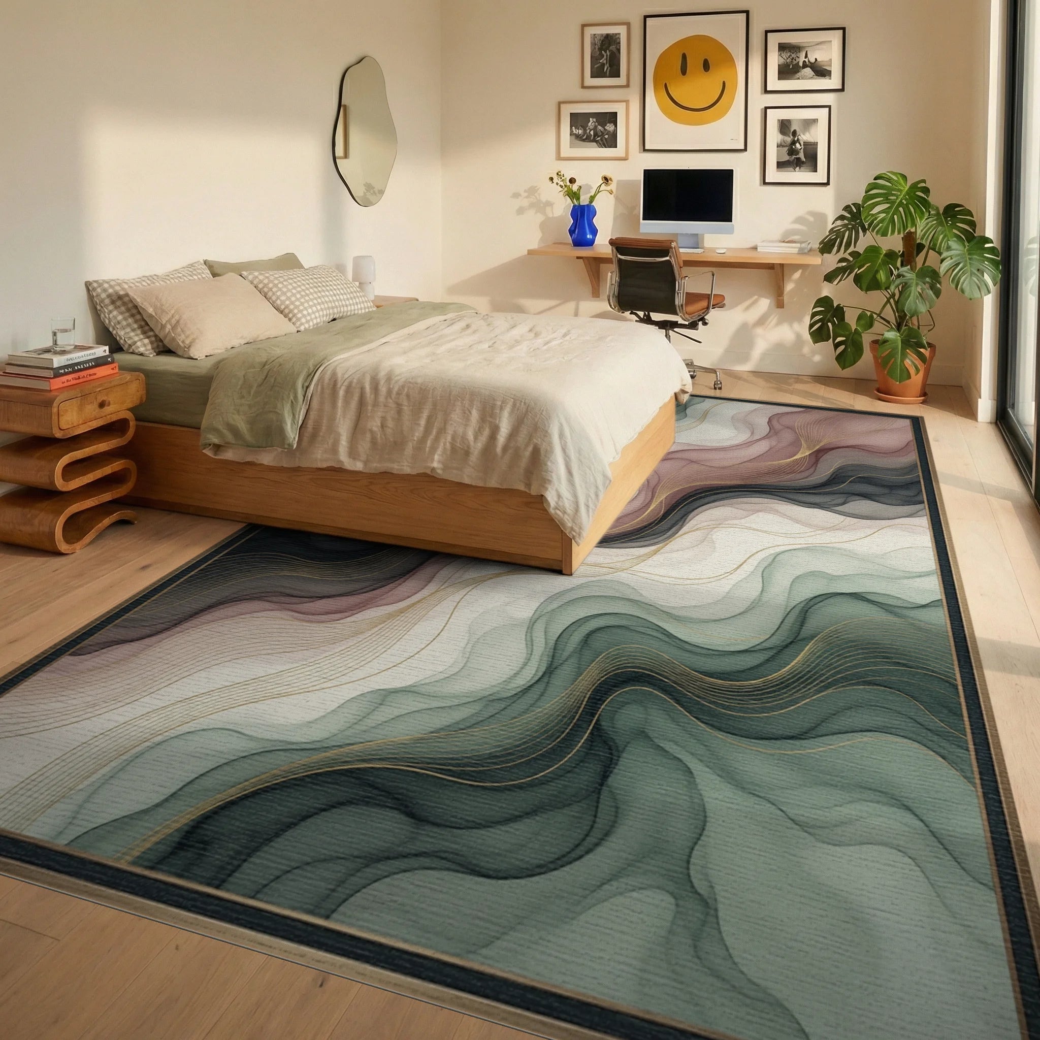 Abstract Fluid Sage Rose Rug - bedroom