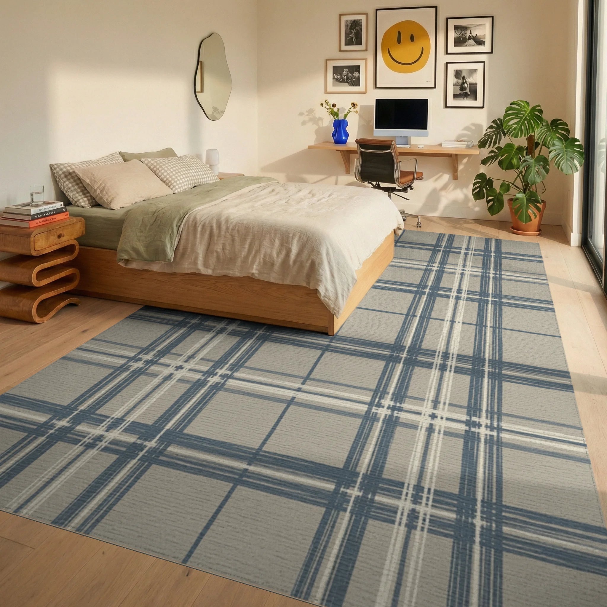 Blue White Geometric Rug - bedroom