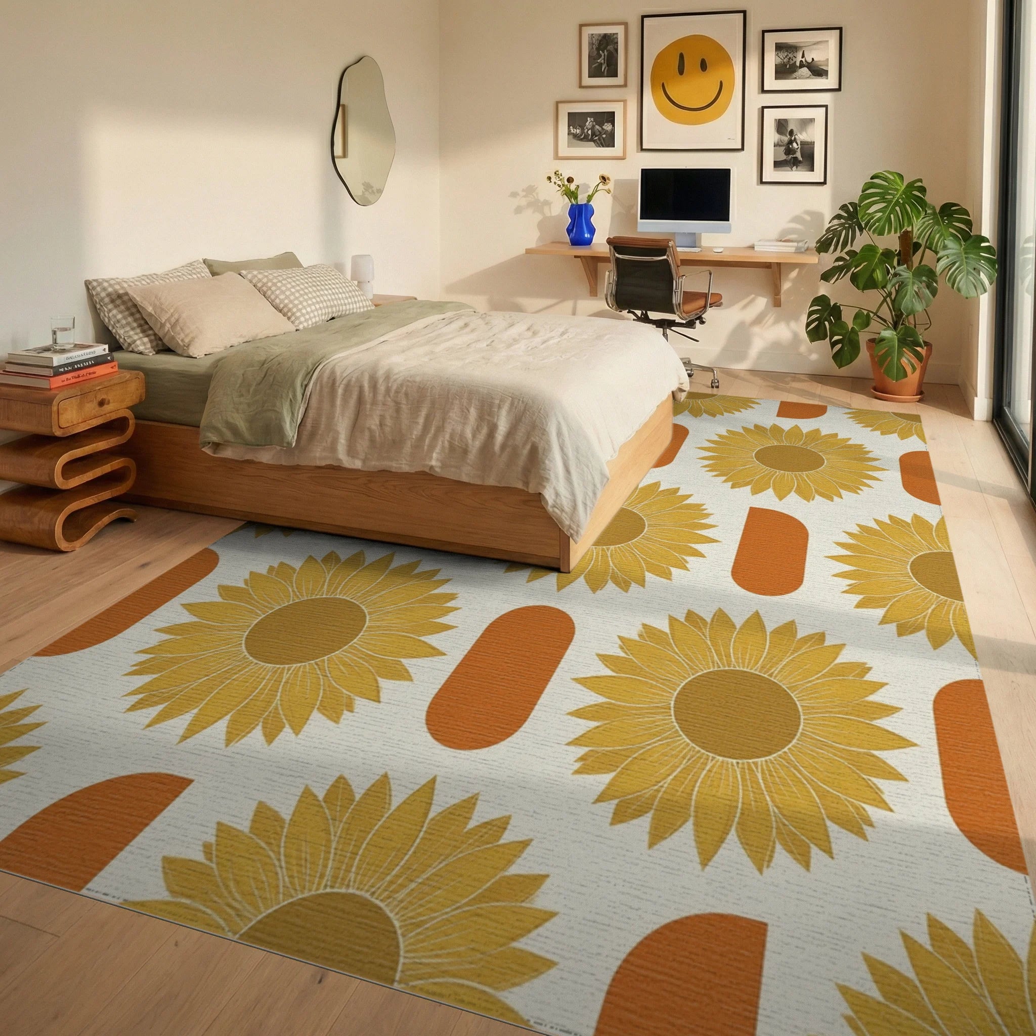 Minimalist Golden Sunflower Floral Rug - bedroom