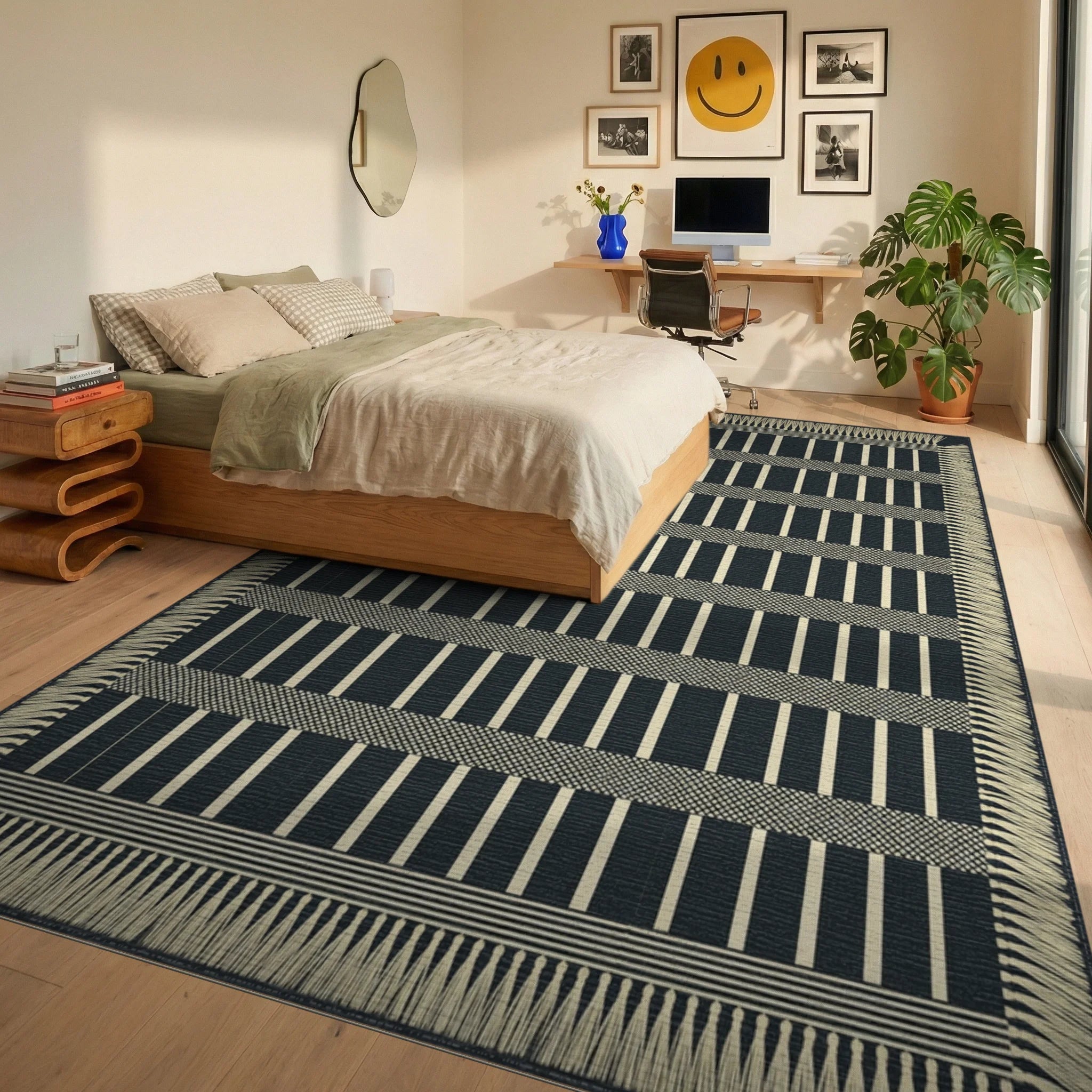 Gray White Cream Rug - bedroom