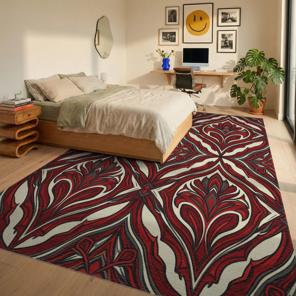 Modern Scarlet Abstract Floral Rug - bedroom