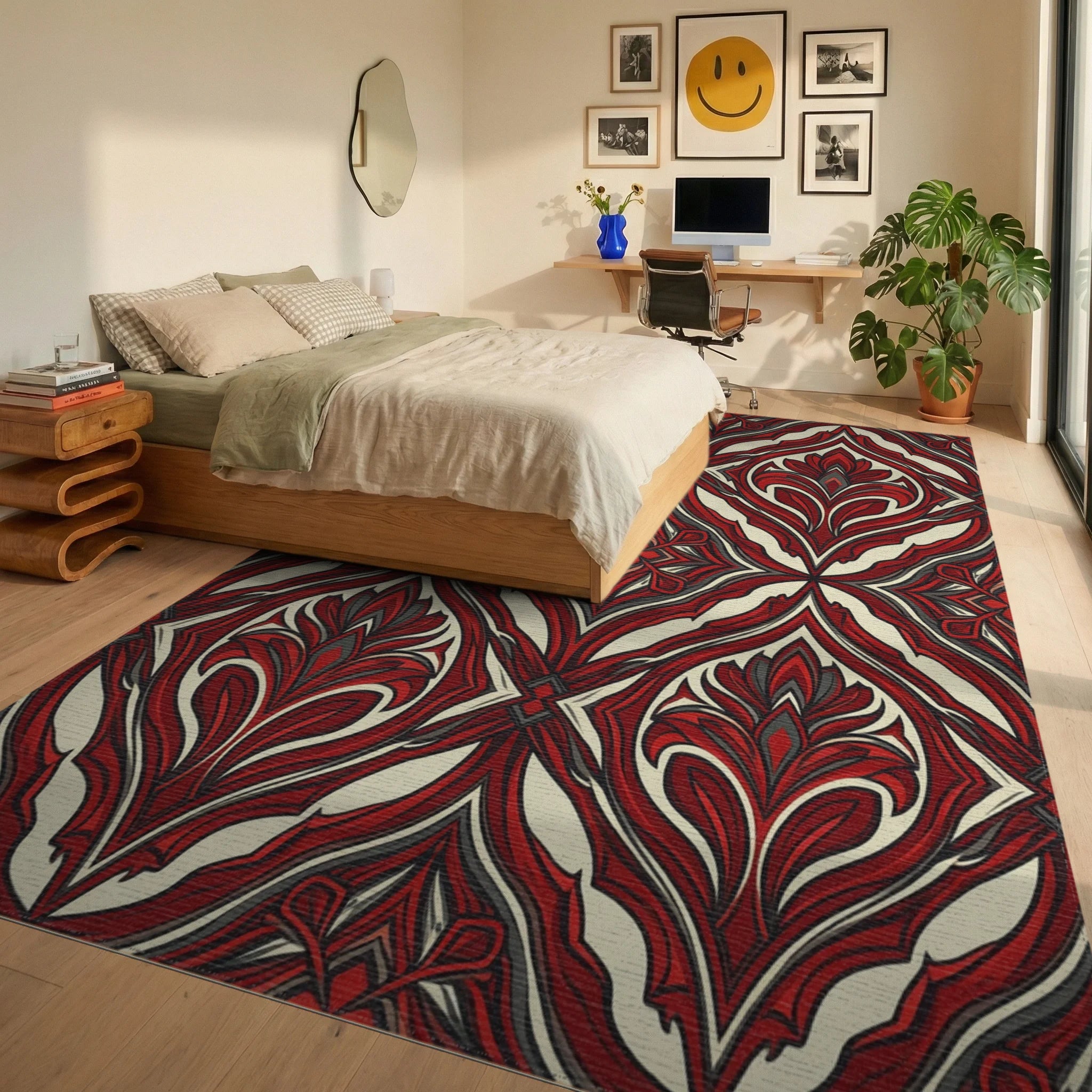 Modern Scarlet Abstract Floral Rug - bedroom