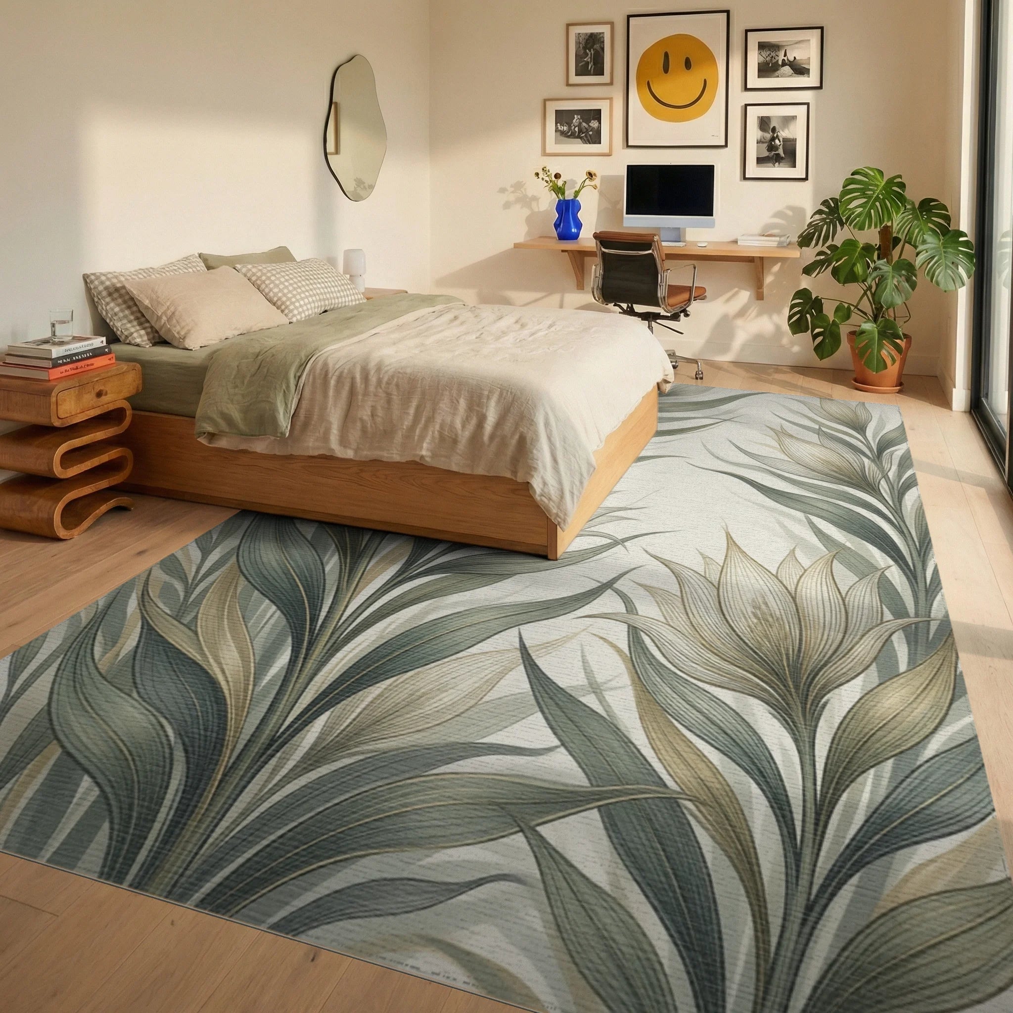 Champagne Sage Fluid Botanical Rug - bedroom