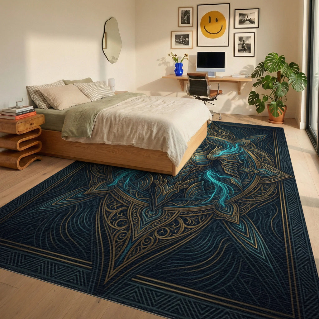 Midnight Blue Gold Medallion Regalia Rug - bedroom