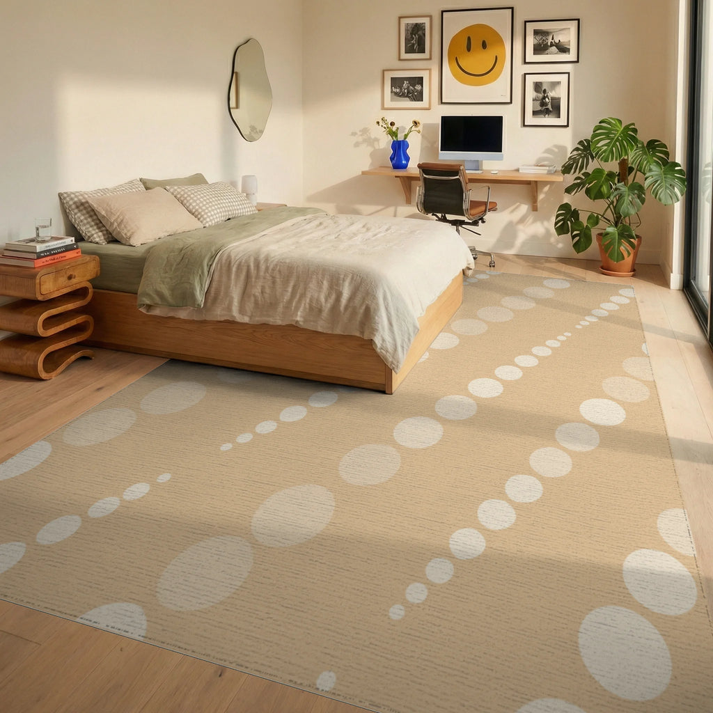 Beige Minimalist Dotted Diagonal Grid Rug Bedroom View