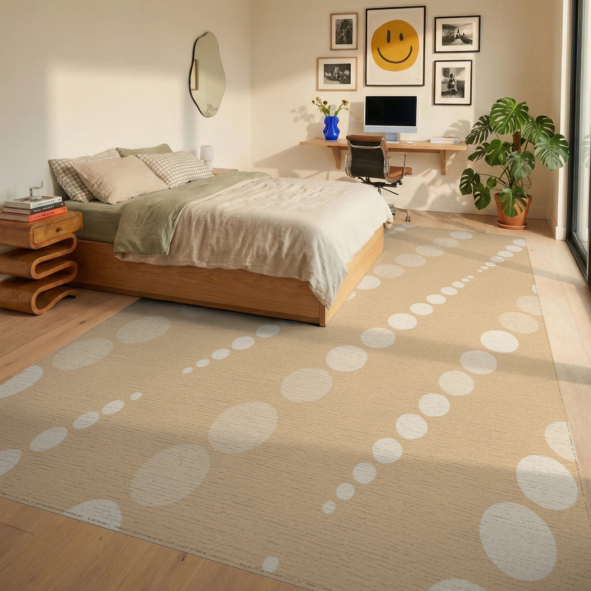 Beige Minimalist Dotted Diagonal Grid Rug Bedroom View