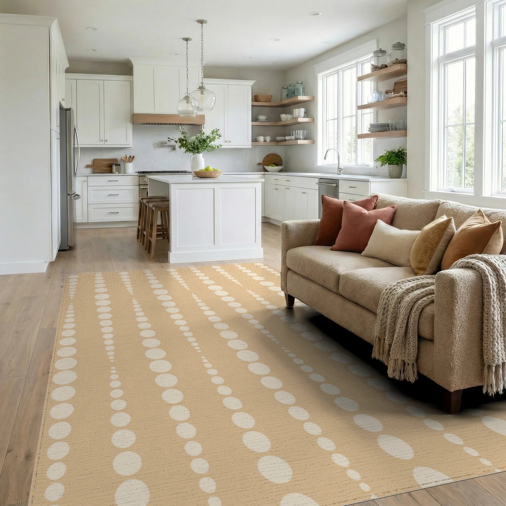 Beige Polka Dot Vertical Linear Rug Living Room View