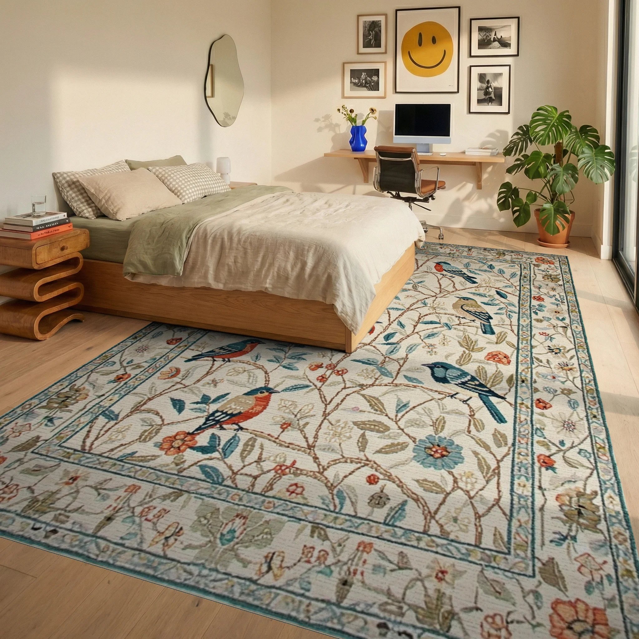 Birds In Blossom Garden Rug - Bedroom View