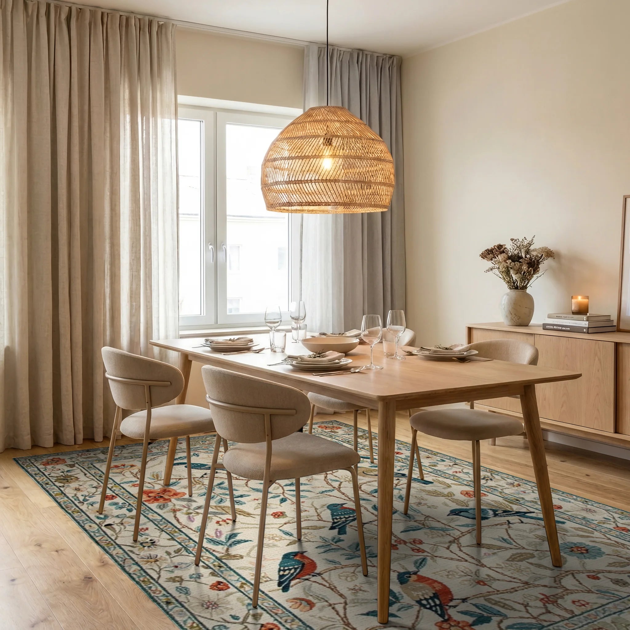 Birds In Blossom Garden Rug - Dining Room View
