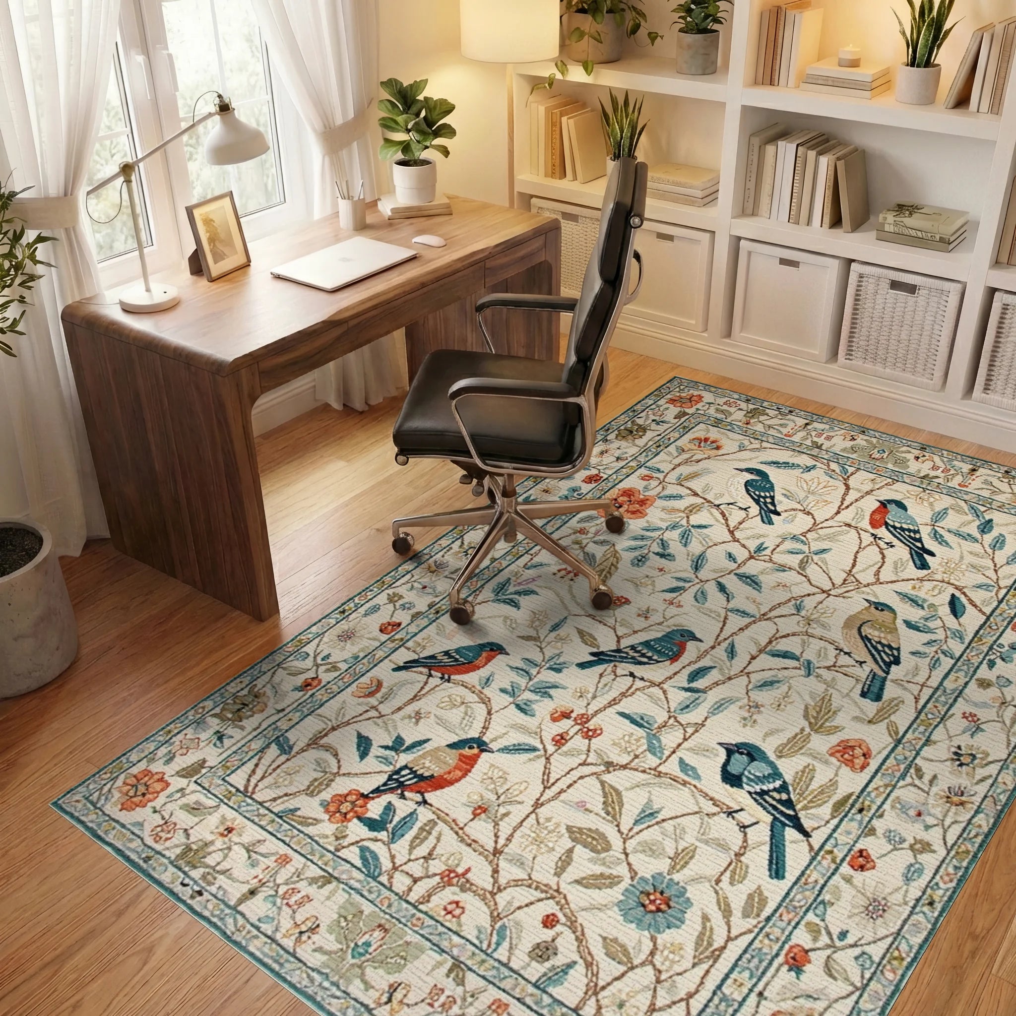 Birds In Blossom Garden Rug - Office View