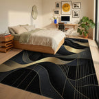 Black Abstract Gold Wave Pattern Rug - Bedroom View