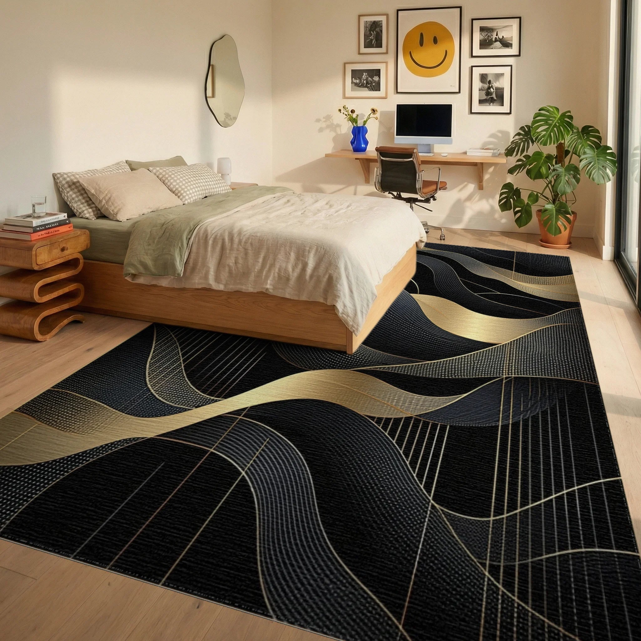 Black Abstract Gold Wave Pattern Rug - Bedroom View