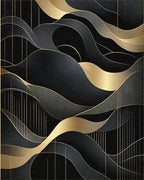 Black Abstract Gold Wave Pattern Rug - Cutout View