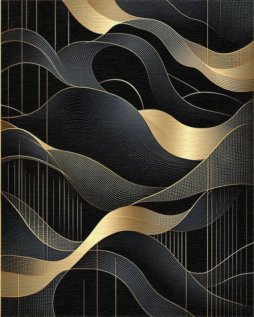 Black Abstract Gold Wave Pattern Rug - Cutout View