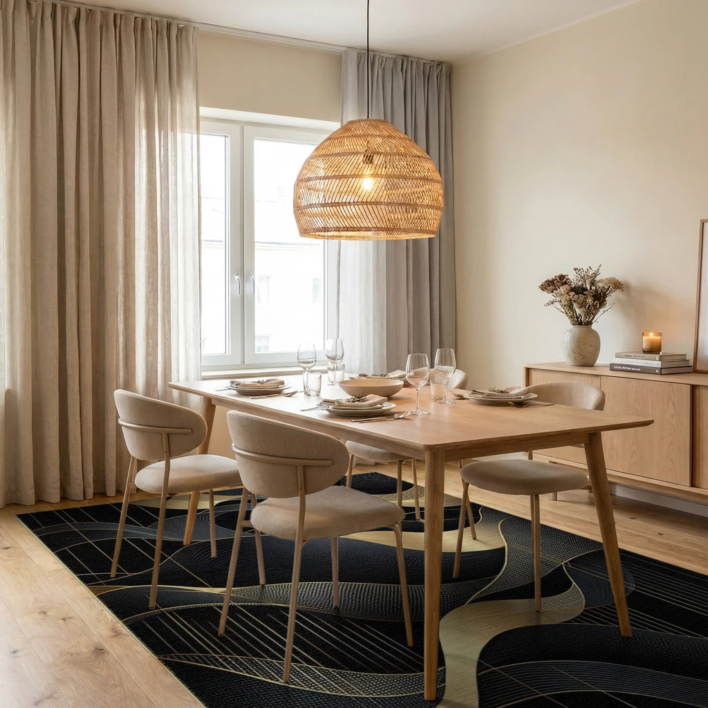 Black Abstract Gold Wave Pattern Rug - Dining Room View