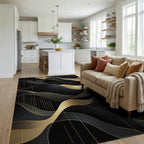 Black Abstract Gold Wave Pattern Rug - Living Room View