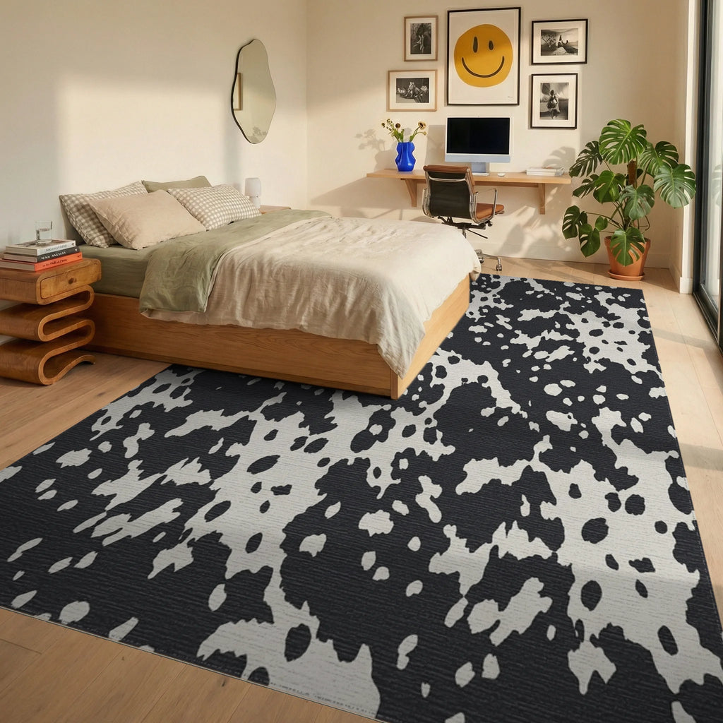 Black and Cream Spotted Texture Rug Bedroom View