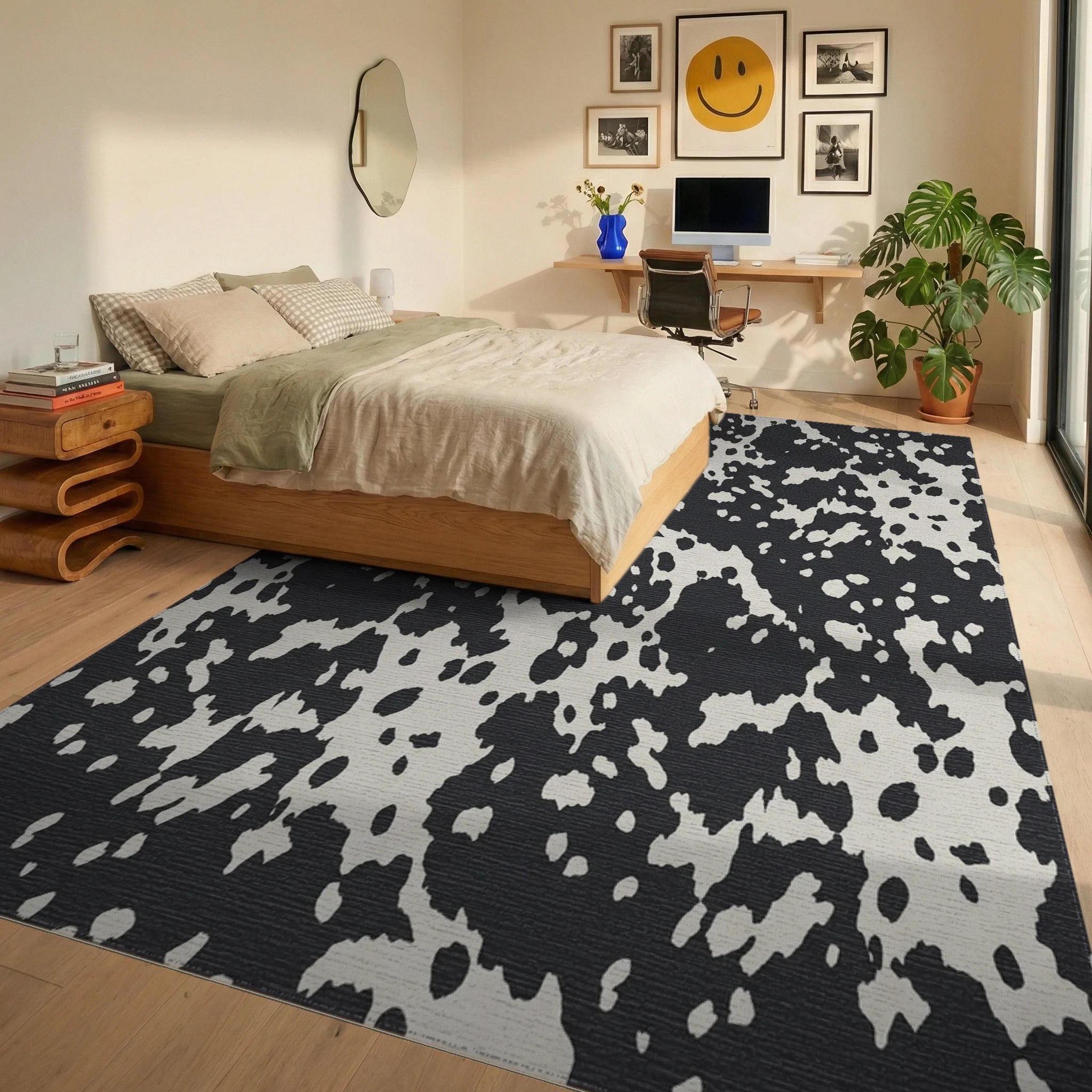 Black and Cream Spotted Texture Rug Bedroom View