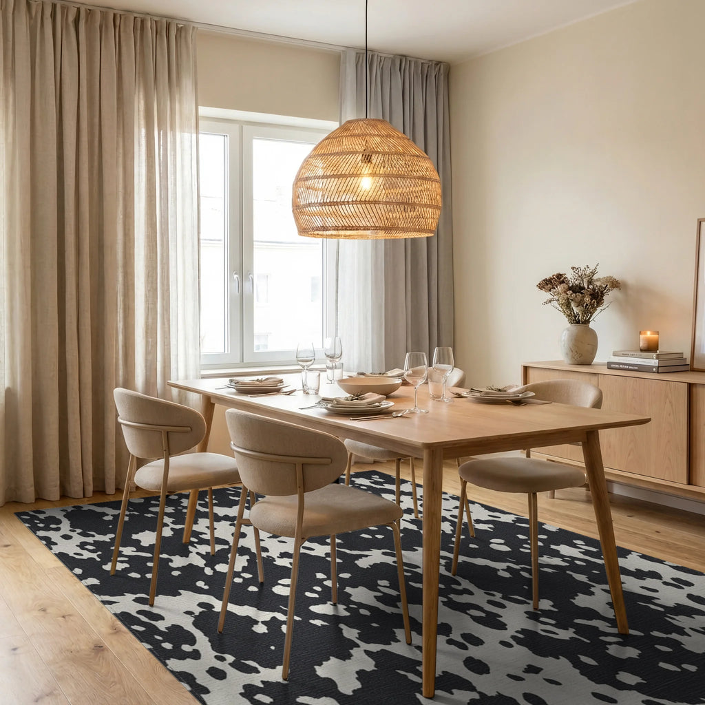 Black and Cream Spotted Texture Rug Dining Room View