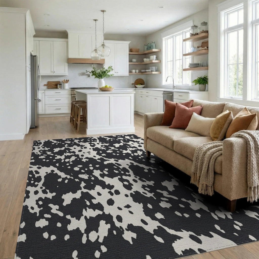 Black and Cream Spotted Texture Rug Living Room View