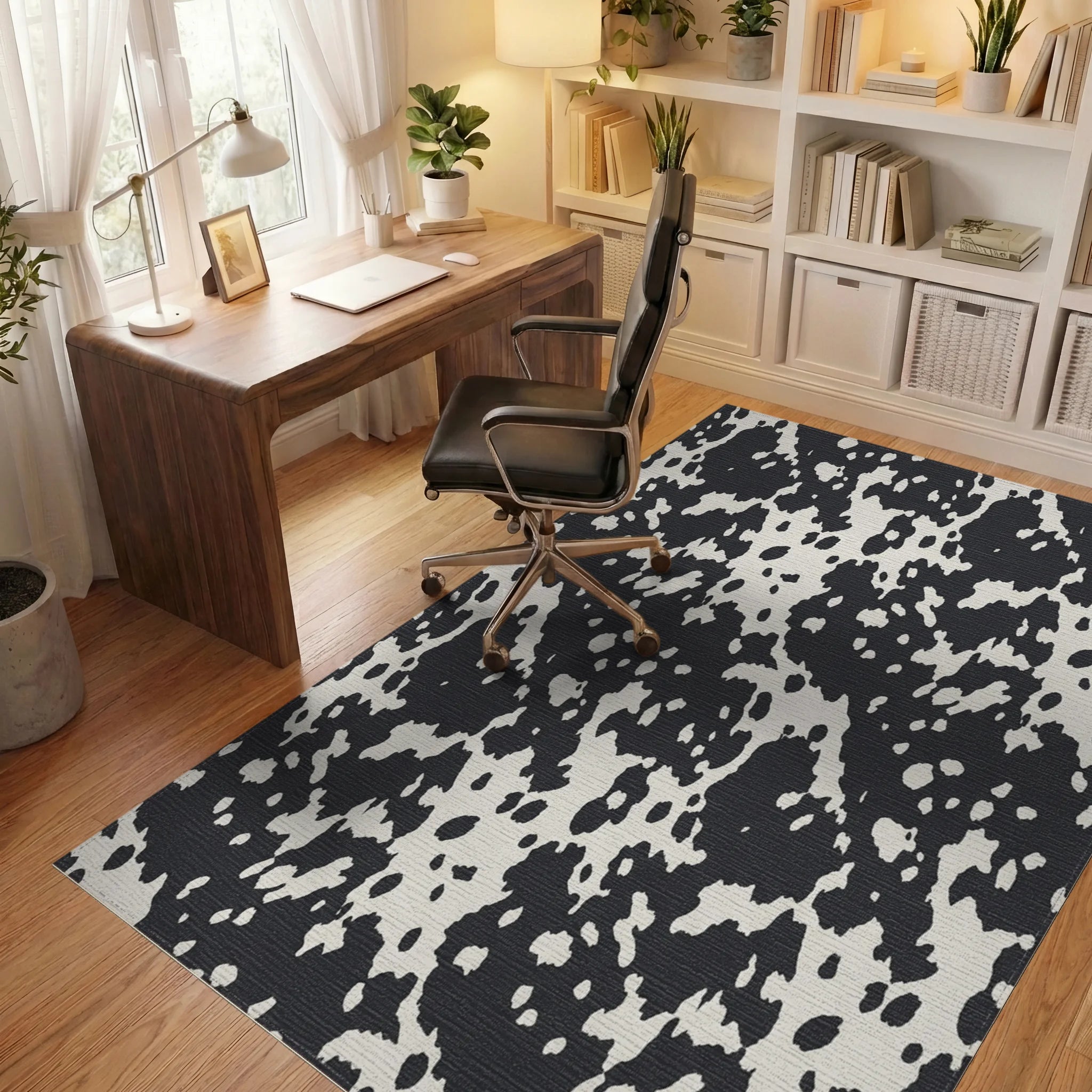 Black and Cream Spotted Texture Rug Office View