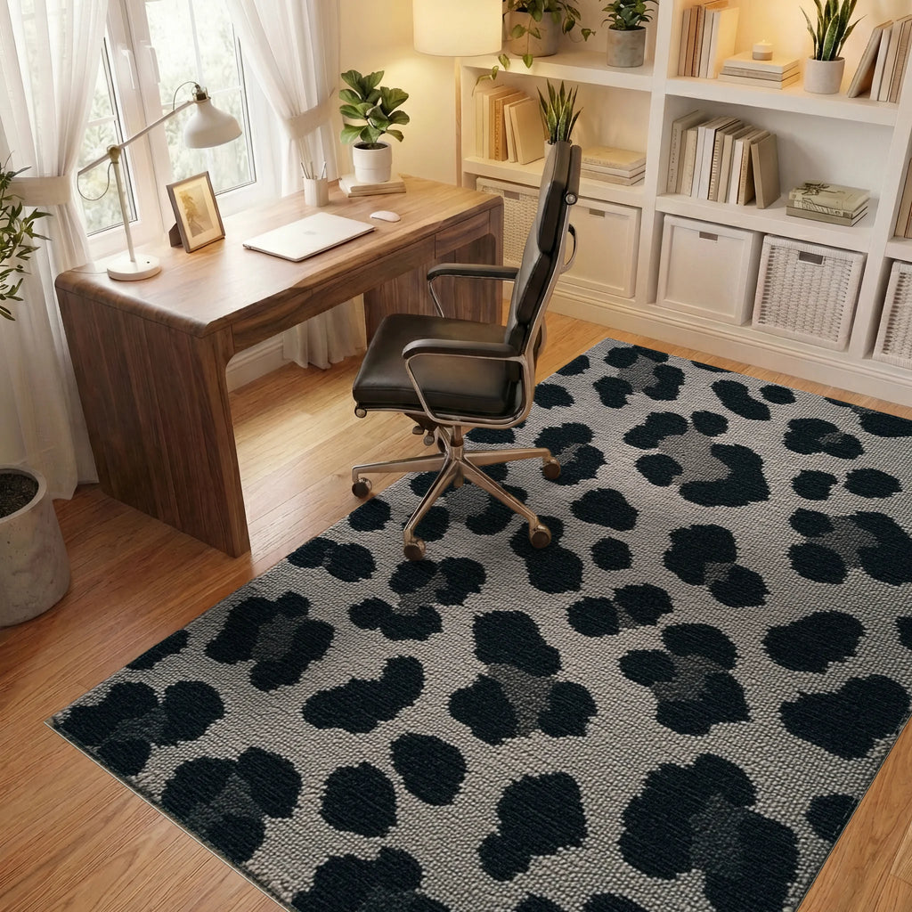 Black And Gray Leopard Spots Rug - Office View