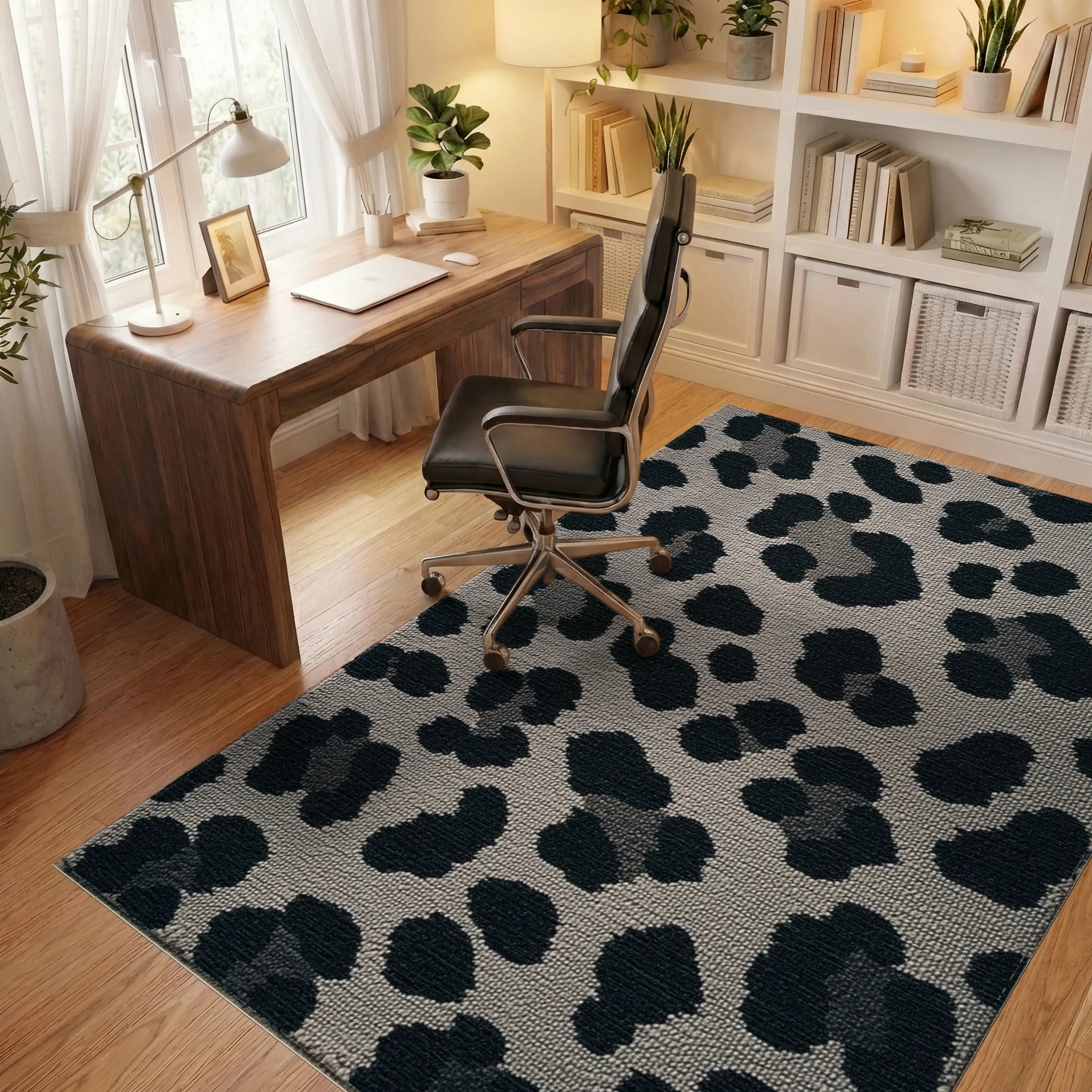 Black And Gray Leopard Spots Rug - Office View