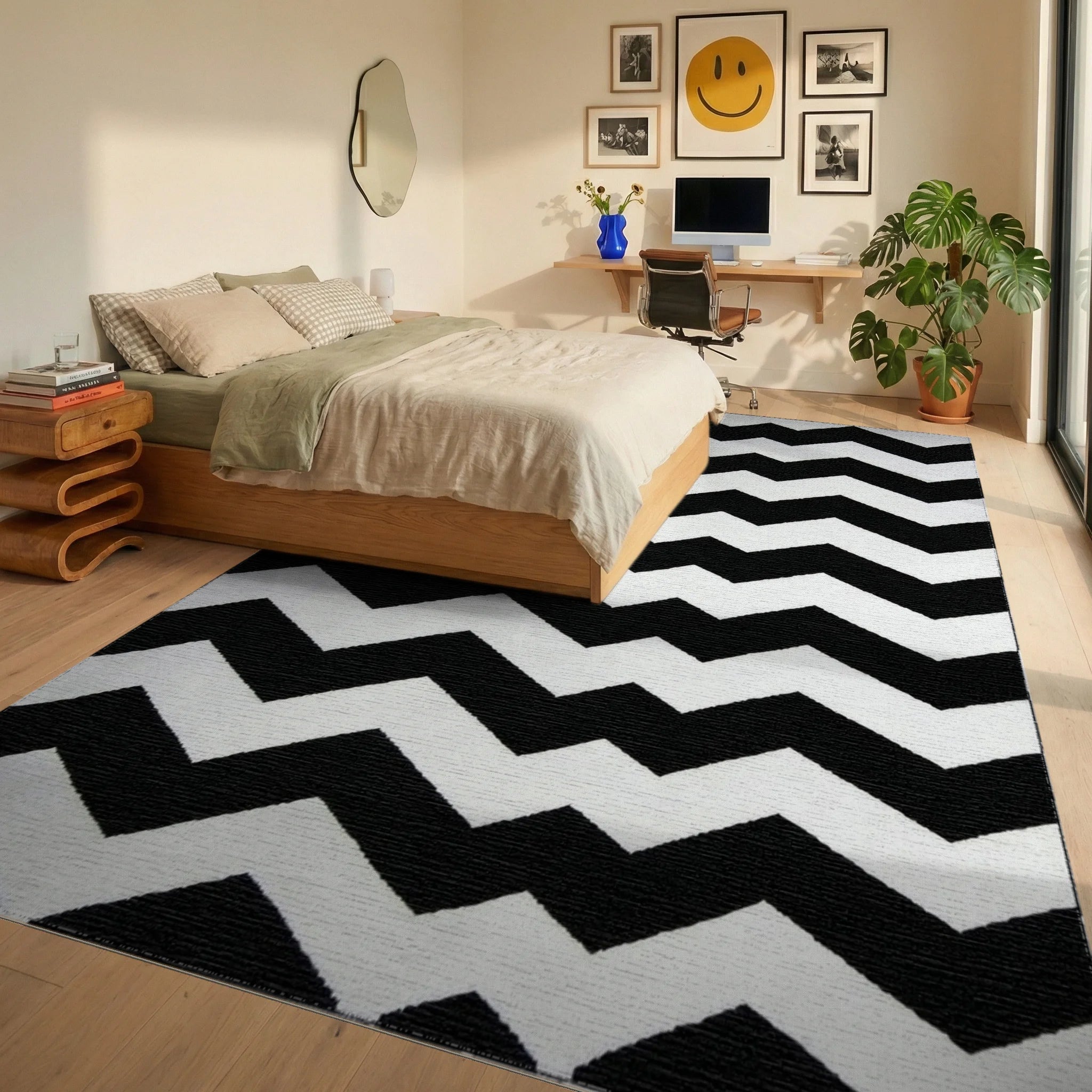 Black and White Chevron Geometric Rug - Bedroom View