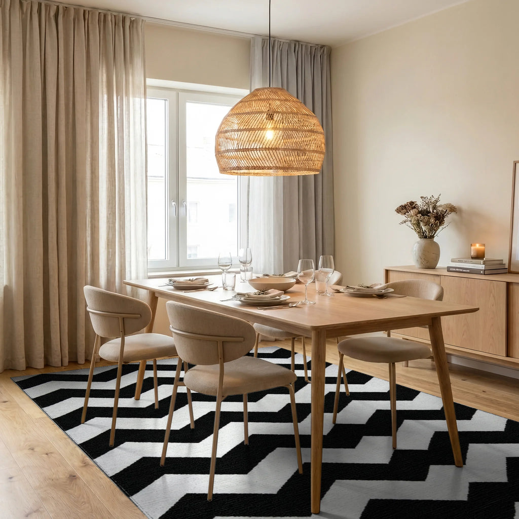 Black and White Chevron Geometric Rug - Dining Room View