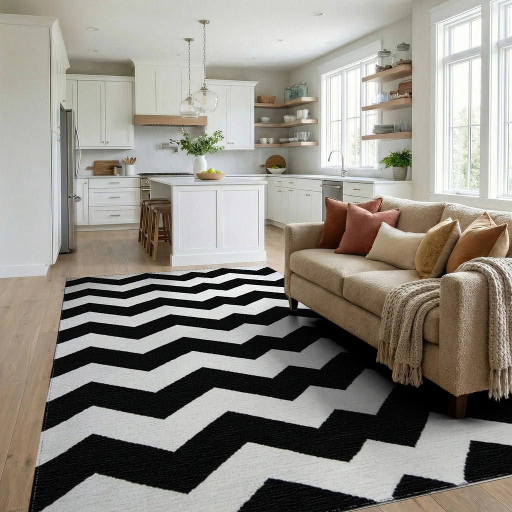 Black and White Chevron Geometric Rug - Living Room View