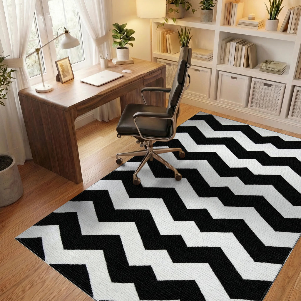 Black and White Chevron Geometric Rug - Office View