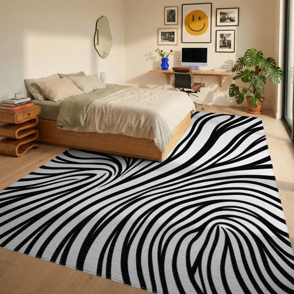Black and White Swirling Lines Rug - Bedroom View