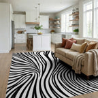 Black and White Swirling Lines Rug - Living Room View