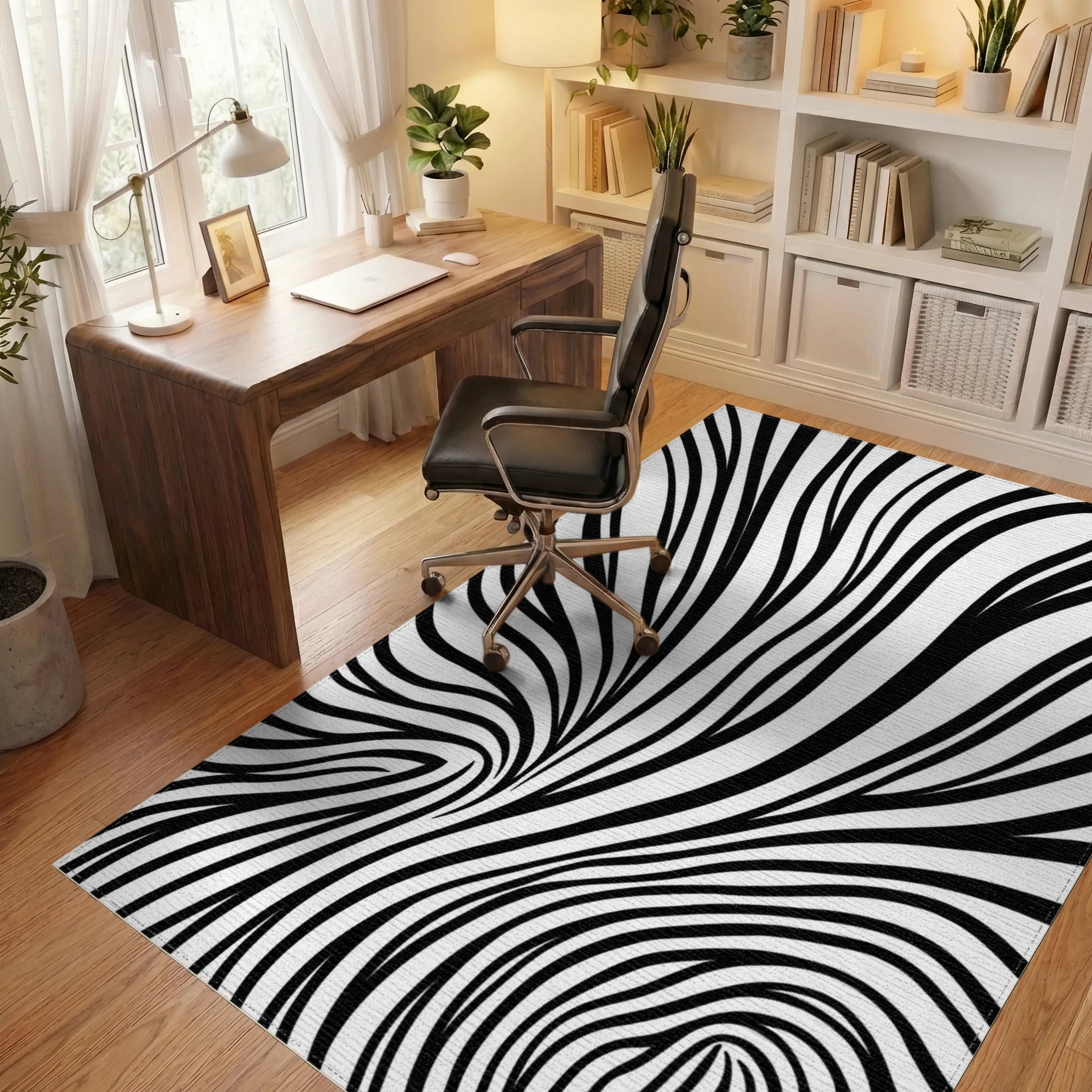 Black and White Swirling Lines Rug - Office View