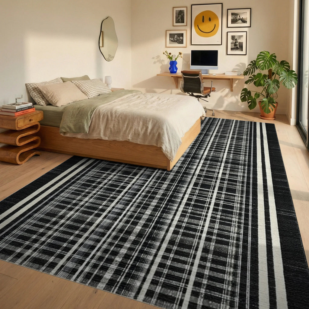 Black and White Vertical Stripe Plaid Rug - Bedroom View