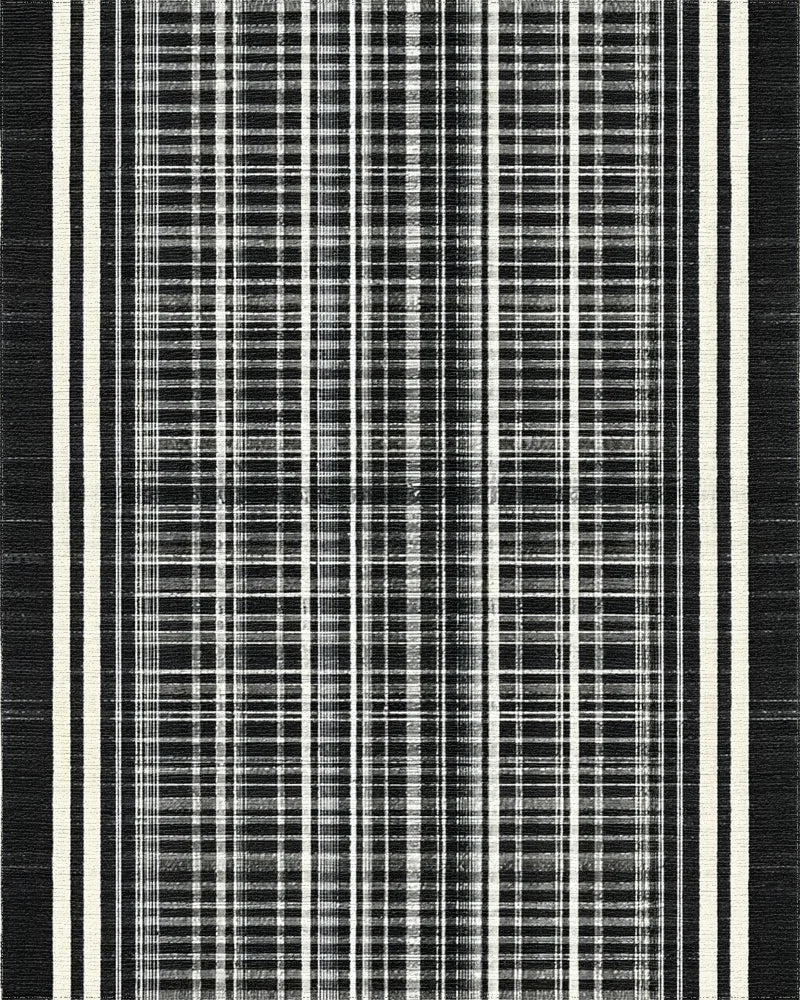 Black and White Vertical Stripe Plaid Rug - Cutout View