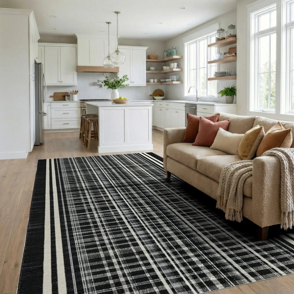 Black and White Vertical Stripe Plaid Rug - Living Room View