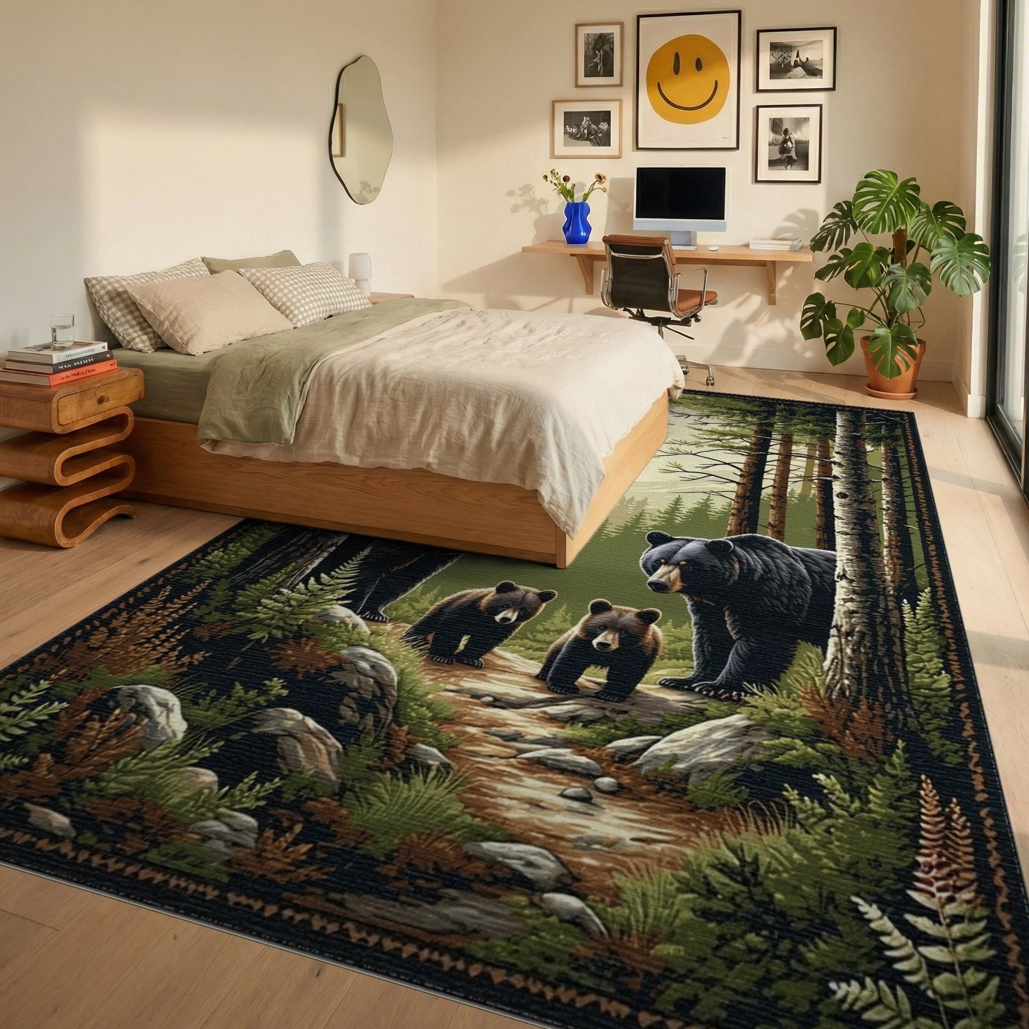 Black Bear Family Pine Forest Rug - Bedroom View