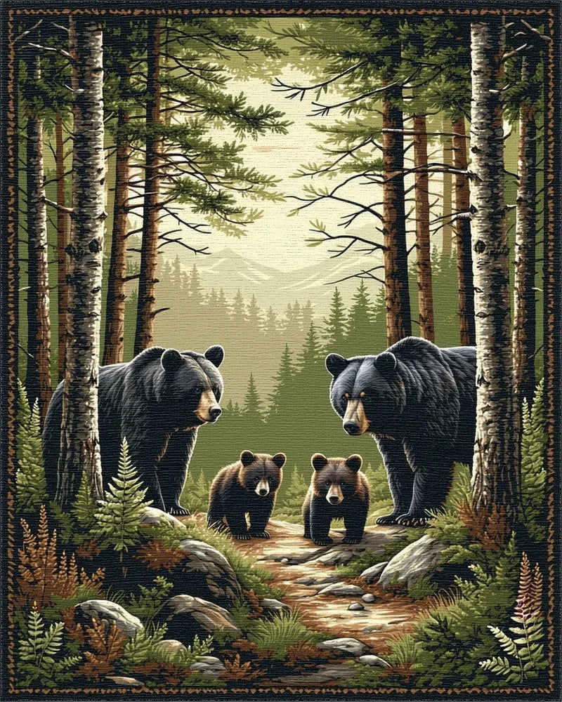 Black Bear Family Pine Forest Rug - Cutout View