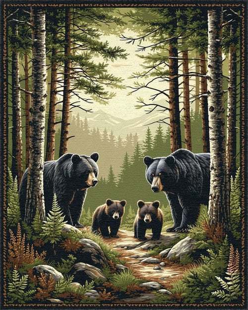 Black Bear Family Pine Forest Rug - Cutout View